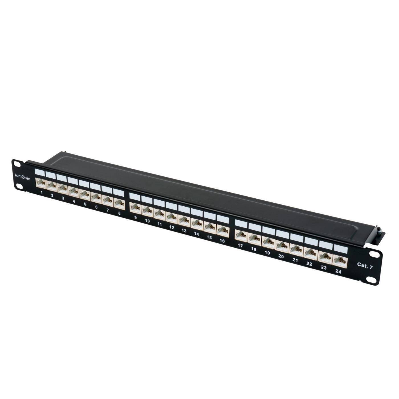 Lumonic 19" Patchpanel CAT7 | 24 Port, 1HE mit Beschriftungsfeld | LSA-Montage, T568A/B farbcodiert | Rackmontage | geschirmtes, schwarzes Patchfeld | Kabelmanagement | 10 Gbit/s PoE