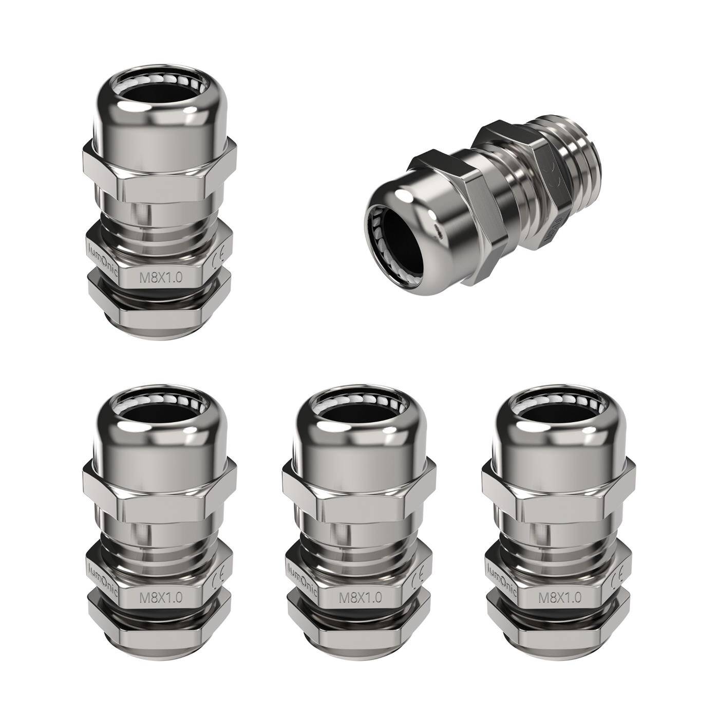 Set of 5 metal cable glands M8, Clamping range 2-5mm, IP68, with locknut, Nickel-plated brass, EMC, -40...+100°C
