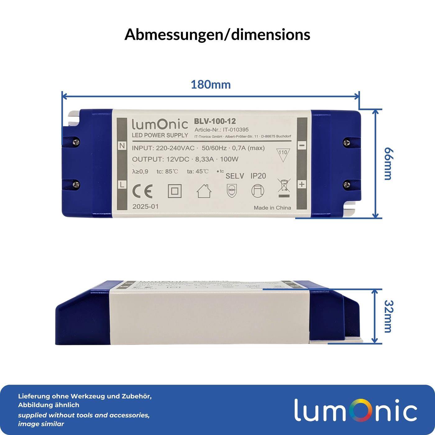 Lumonic I LED transformer BLV-100-12 I 12V 100W I Input 220-230VAC I flicker-free I Overload protection I LED power supply unit I for LED lighting