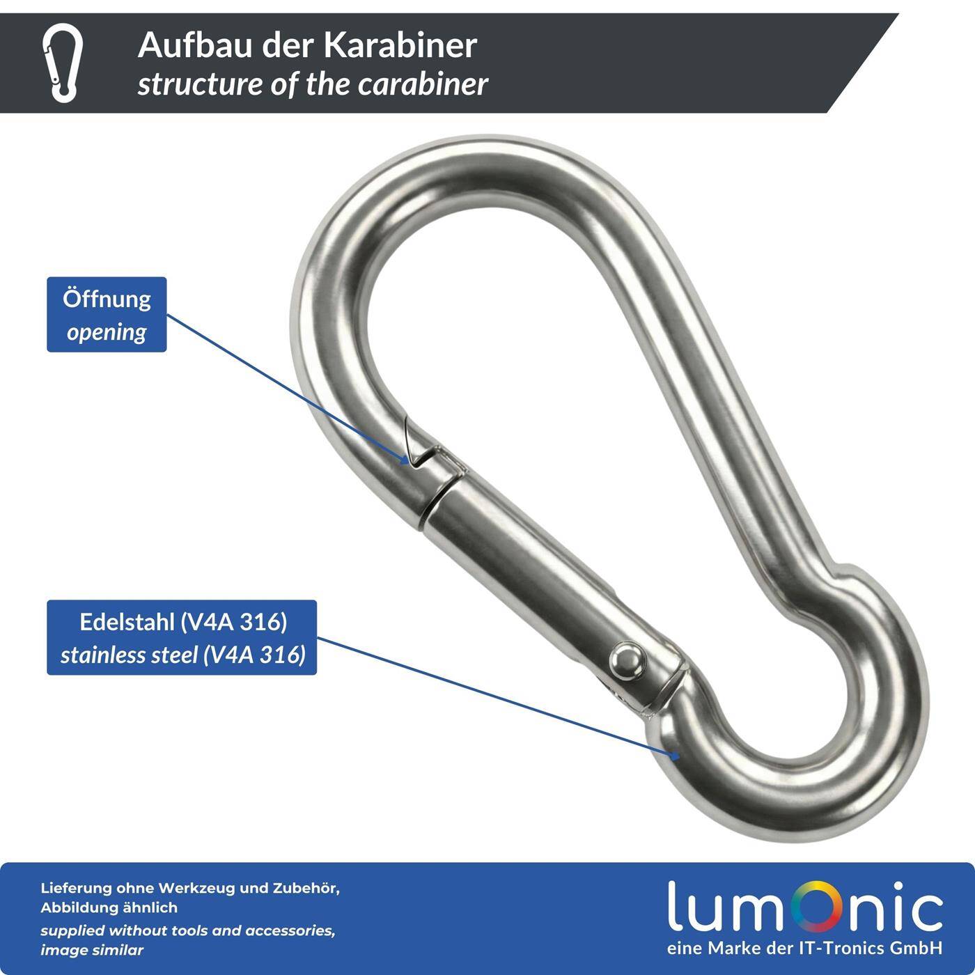 Lumonic Standard V4A stainless steel carabiner | 4x40mm | Stainless + seawater resistant | for awnings, hammocks, dogs, camping