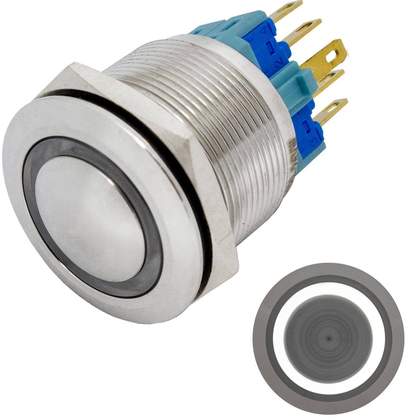 Stainless steel Pressure switch domed Ø25mm Ring LED Cold White IP65 2,8x0,5mm Pins 250V 3A Vandal-proof