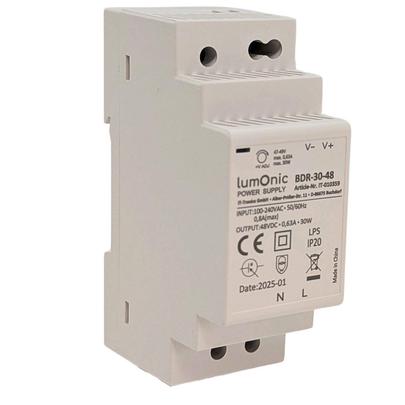 Lumonic I Top-hat rail power supply unit BDR-30-48 I 48V / 30W I Input 100-240VAC I Overload protection I DIN-Rail switching power supply I Switch cabinet