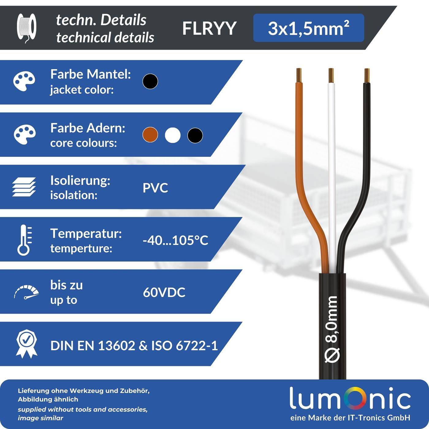 1m FLRYY Fahrzeugleitung 3x1,5mm² rund Kabel KFZ Anhängerkabel Niedervolt