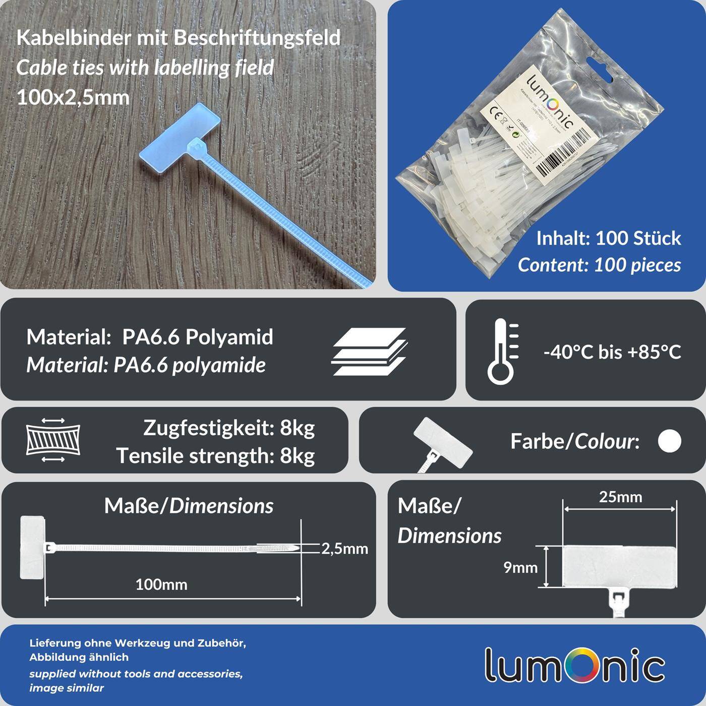 100x Cable tie with Text label 20x9mm 110 x 2,5mm White Natural 8kg PA6.6 Polyamide Industrial quality