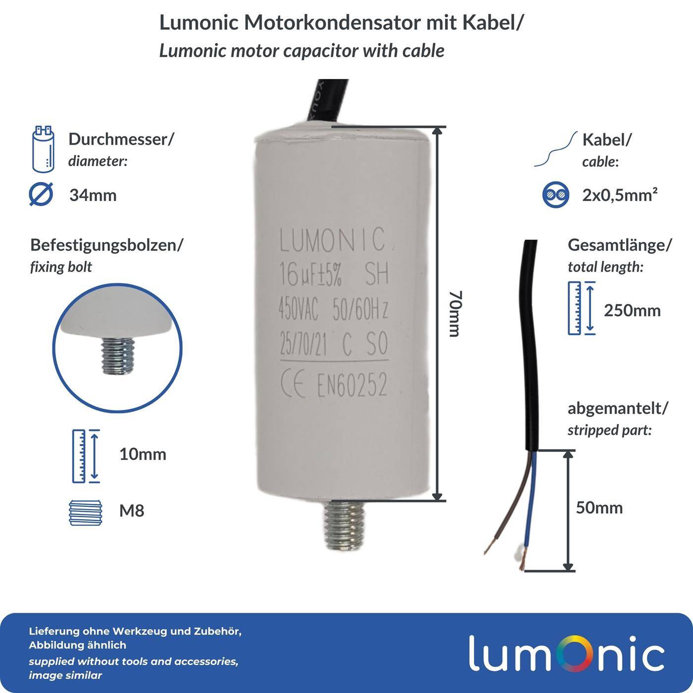Lumonic Anlaufkondensator 16µF 450V | mit Kabel I 34x70mm I 16uF I Motorkondensator mit Kunststoffgehäuse I Betriebskondensator I für Pumpen, Rasenmäher, Werkzeuge