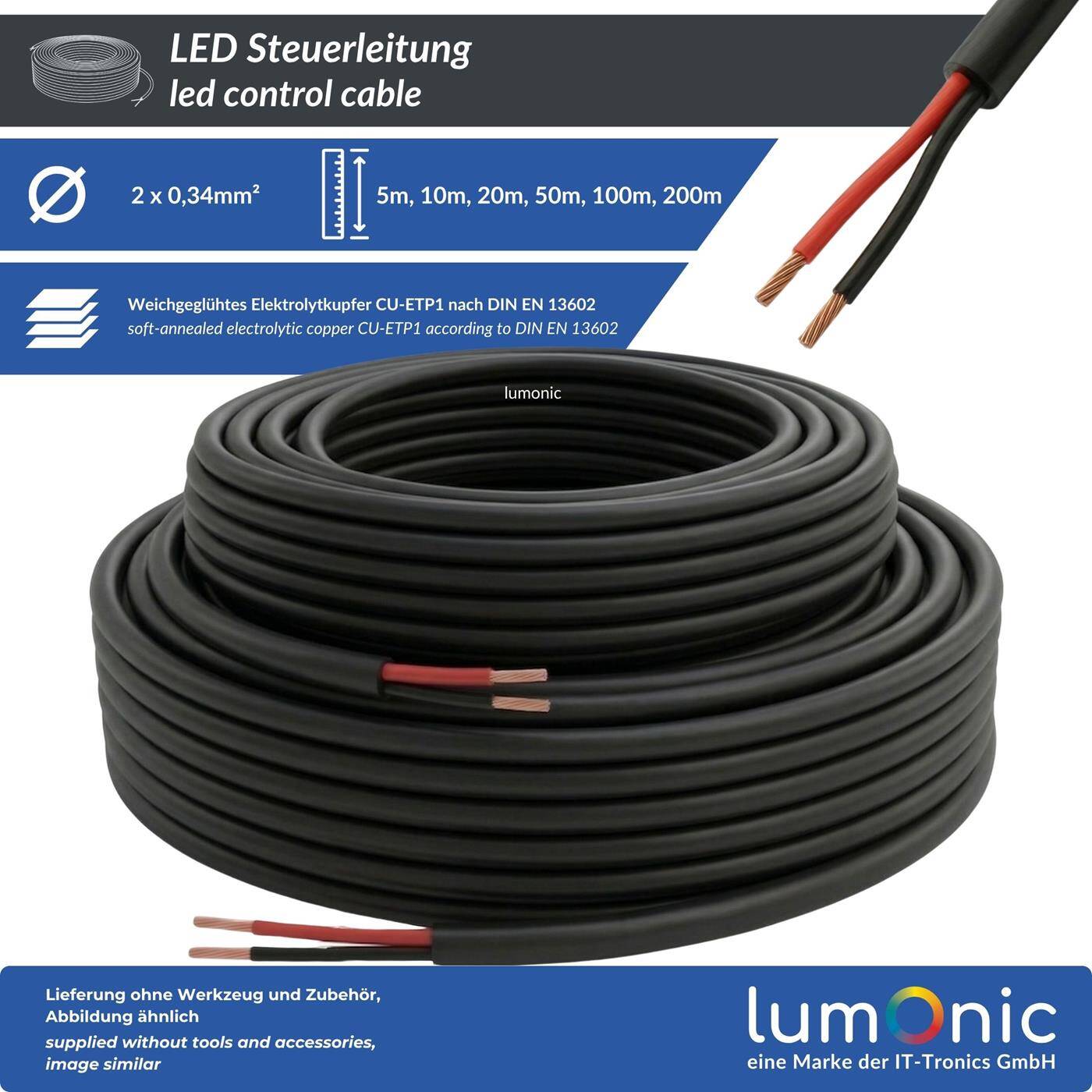 Lumonic 2x0,34mm² RGB LED Control line  1m | sheathed 4-core flexible cable | LiYY Extension, Power cable, LED supply line, Control cable