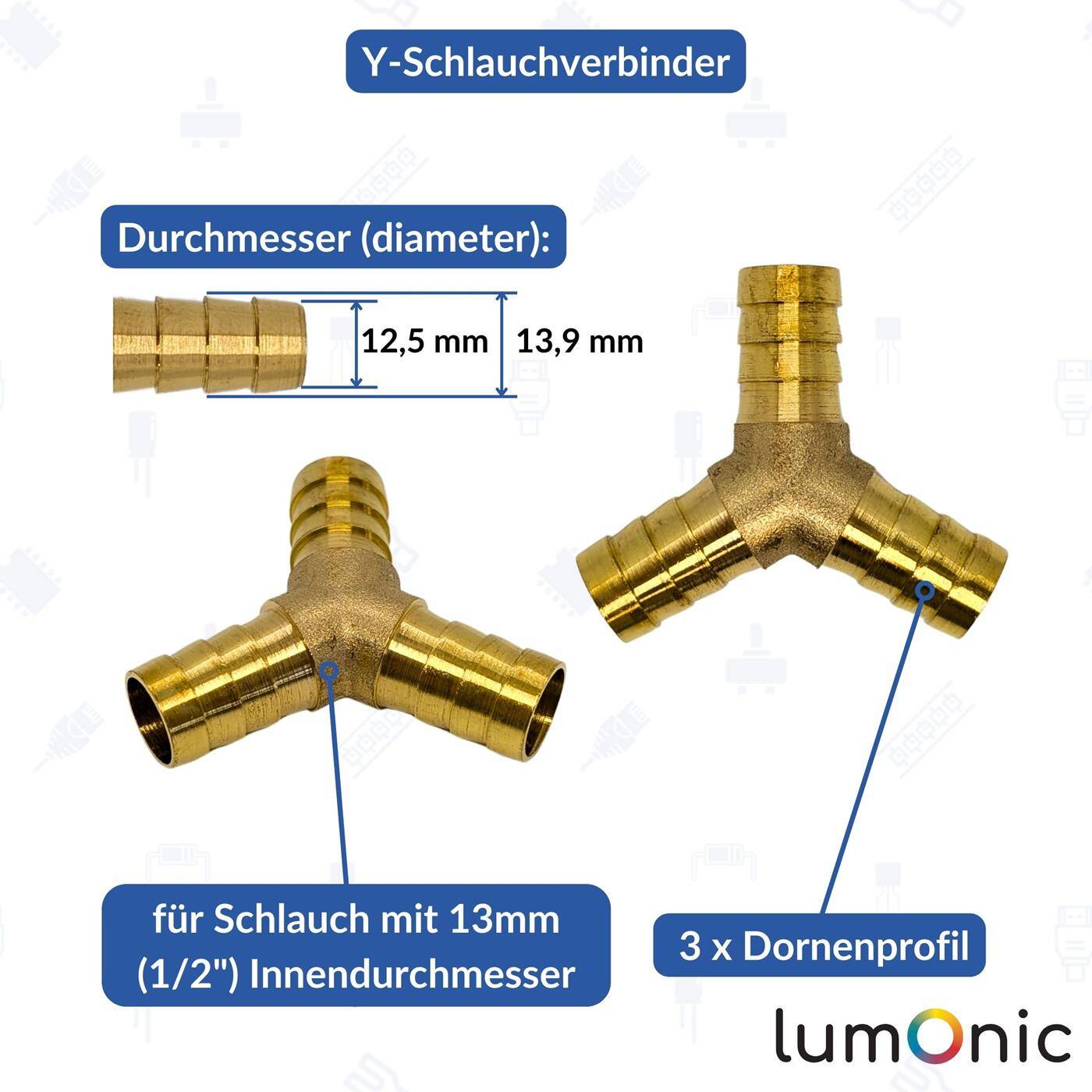 Y-Schlauchverbinder für 13mm (1/2") Schlauch aus Messing Y-Verbinder Y-Stück mit Dornenprofil Druckluft & Wasser für Werkstätten, Betriebe und Heimwerker