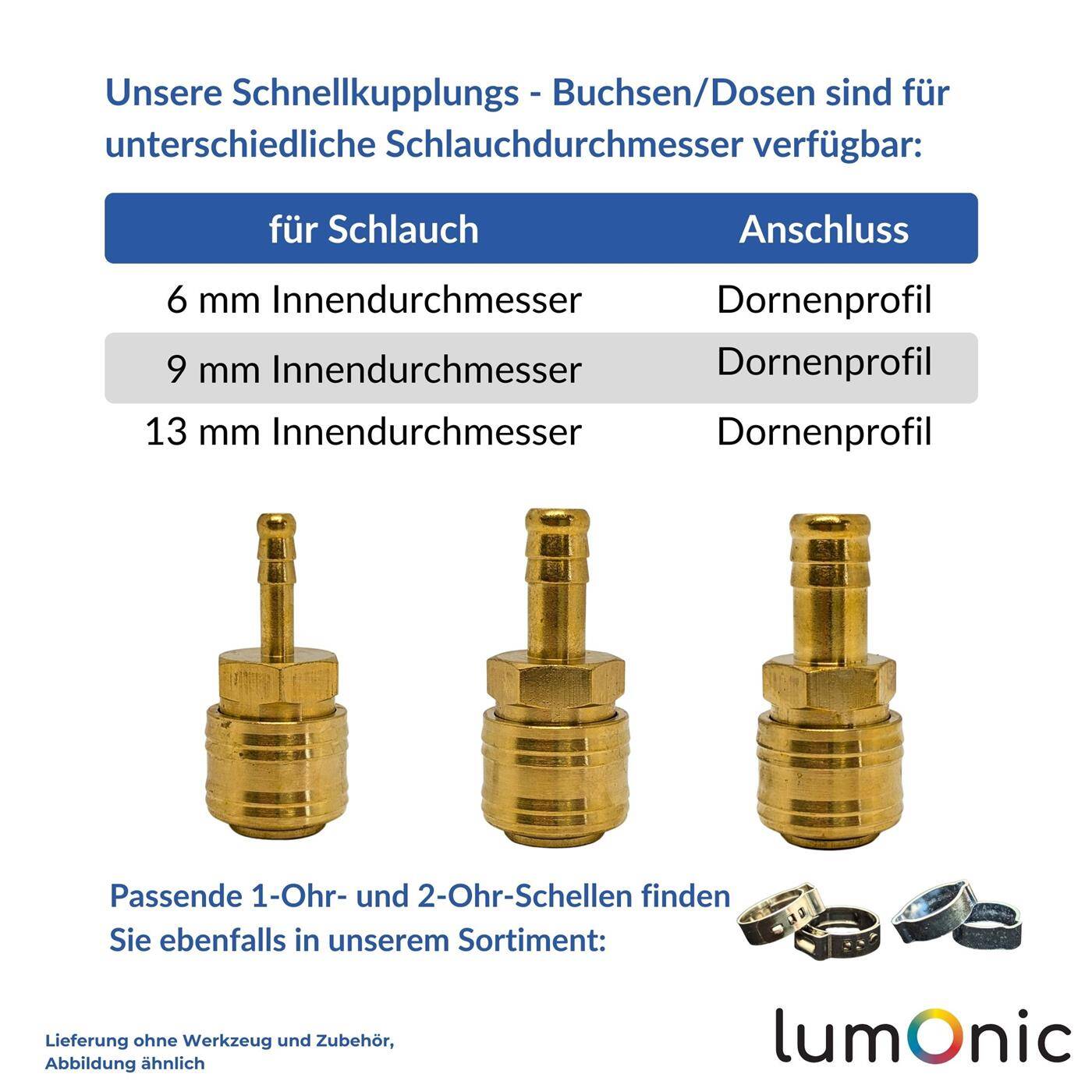 Coupling socket with hose nozzle for 9mm hose made of brass Compressed air coupling socket Quick coupling for workshops, businesses and DIY enthusiasts