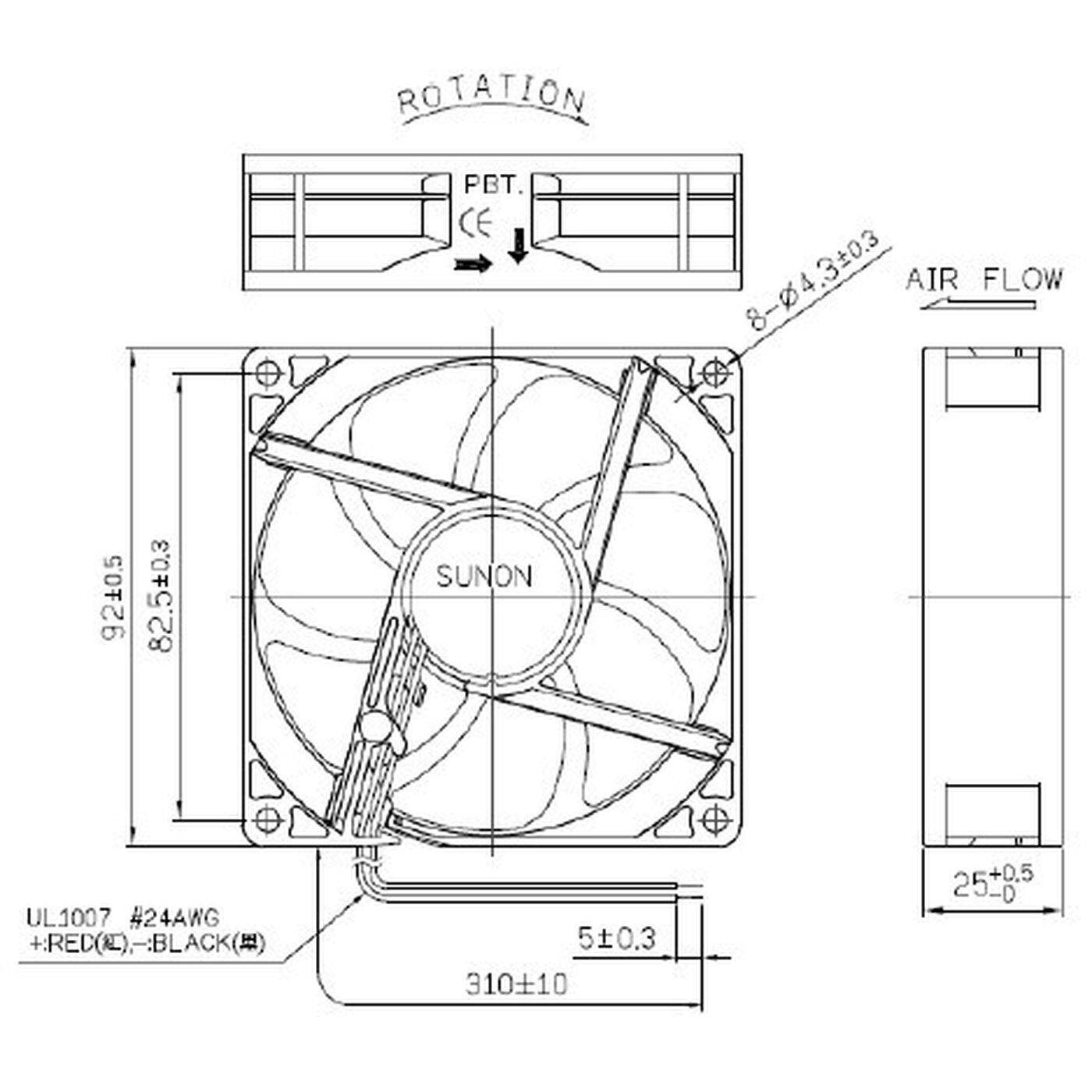 Lüfter 12V DC 1,68W 92x92x25mm 87,5m³/h 3000U/Min 87,5m³/h Sunon EF92251S11000UA99