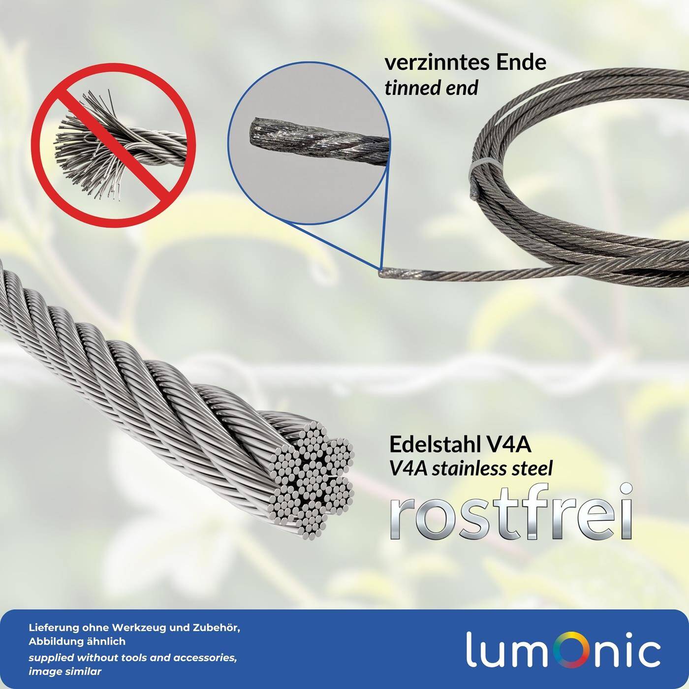 Lumonic Drahtseil 7x19 |  5m Ø6mm| V4A Edelstahl rostfrei | Stahlseil mit verzinnten Enden | für Rankhilfe, Wäscheleine, Lampen, Sichtschutz, Sonnensegel