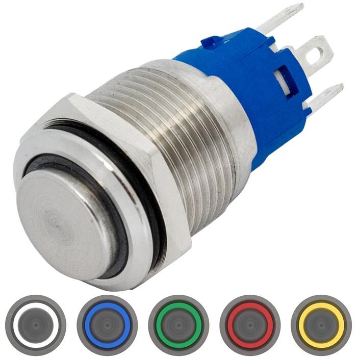 Edelstahl Drucktaster erhaben Ø16mm Ring LED Kalt Weiß IP65 2,8x0,5mm Pins 250V 3A Vandalismussicher