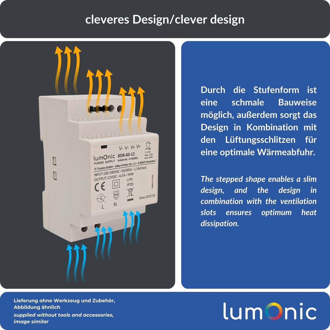 Lumonic I Netzteil Hutschiene BDR-60-12 I 12V / 54W I Input 100-240VAC I Überlastschutz & kurzschlussfest I DIN-Rail Schaltnetzteil I Schaltschrank & Verteilerkasten