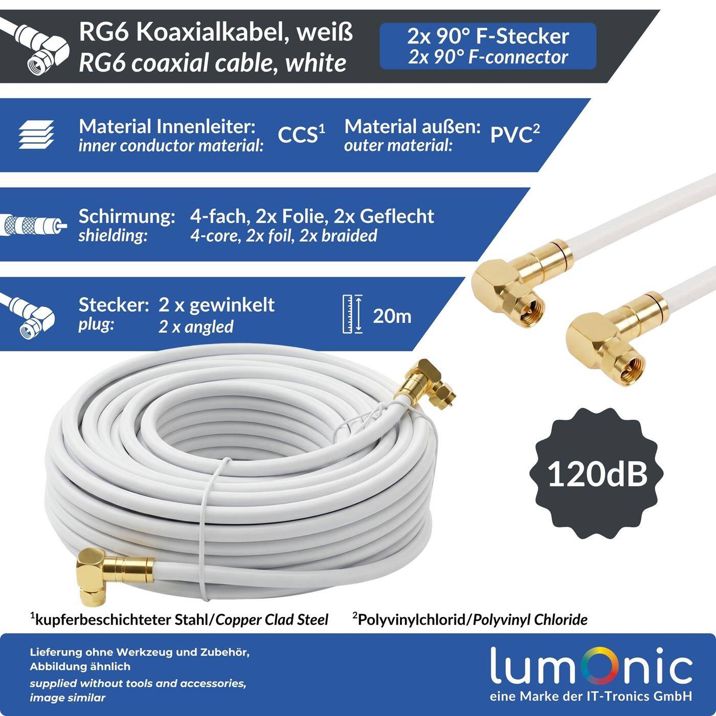 Lumonic 20m Antenna cable RG6 | 2x gold-plated F plugs angled at 90° | White | 4-fold shielded 120dB | ready-made | Coaxial cable, satellite cable, DVB-T2, cable internet