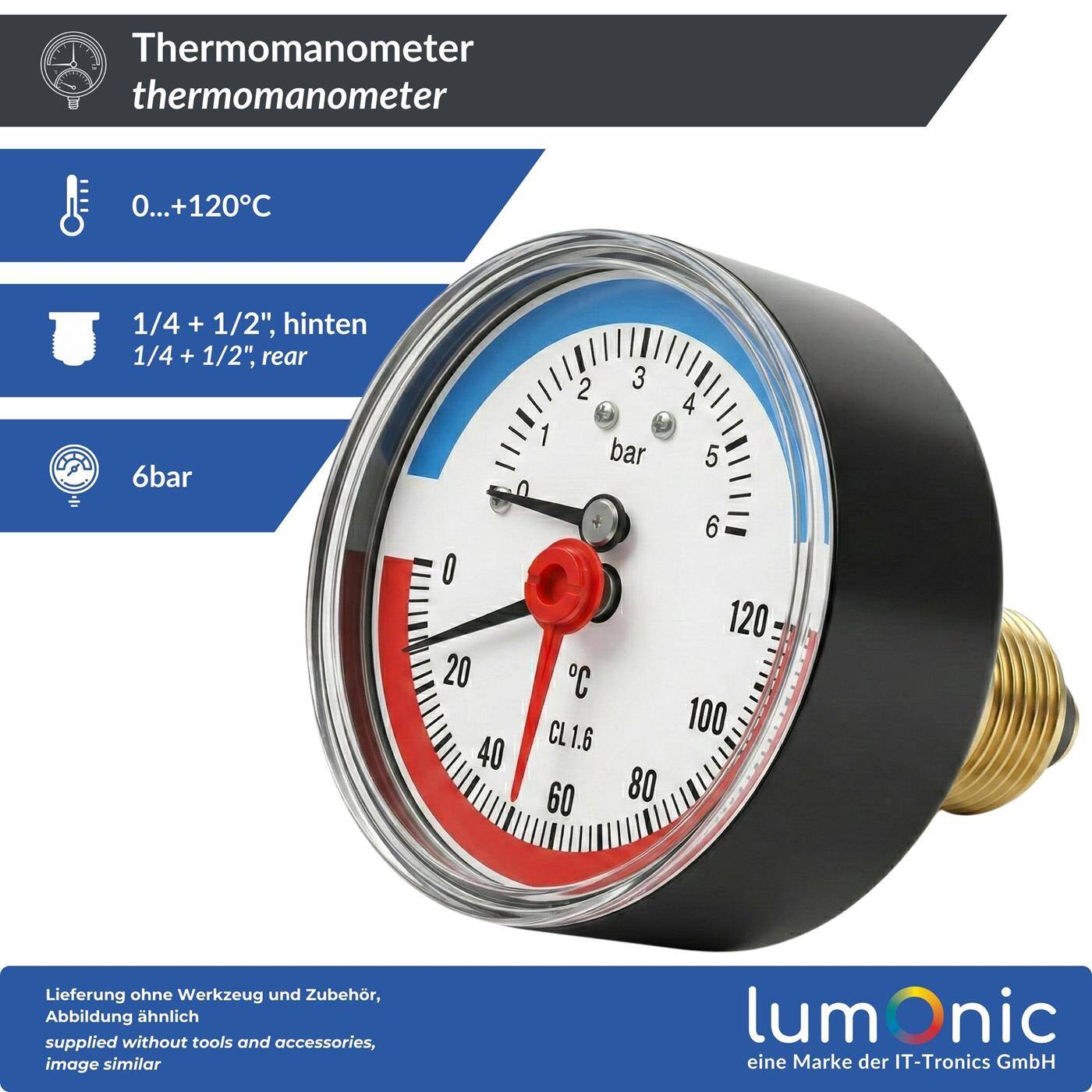 Thermomanometer 6bar 0-120°C 1/4 + 1/2 inch (adapter) Rear connection Ø 63mm large scale Heating pressure gauge Metal housing