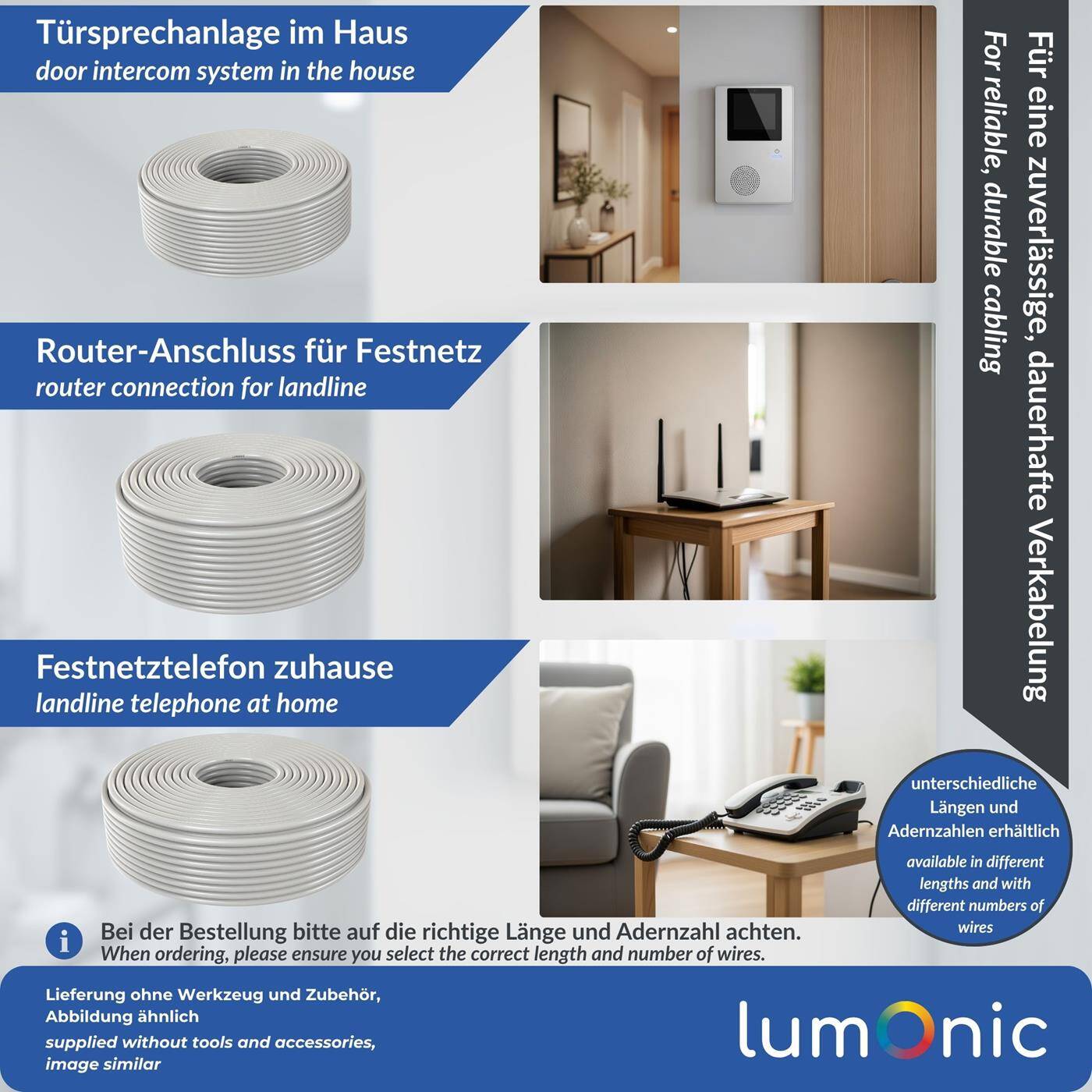 Lumonic Telephone cable JYSTY grey | 8x2x0,6mm CCA | 50m | color-coded & shielded | Meter marking | Telecommunication cable, Telephone connection cable
