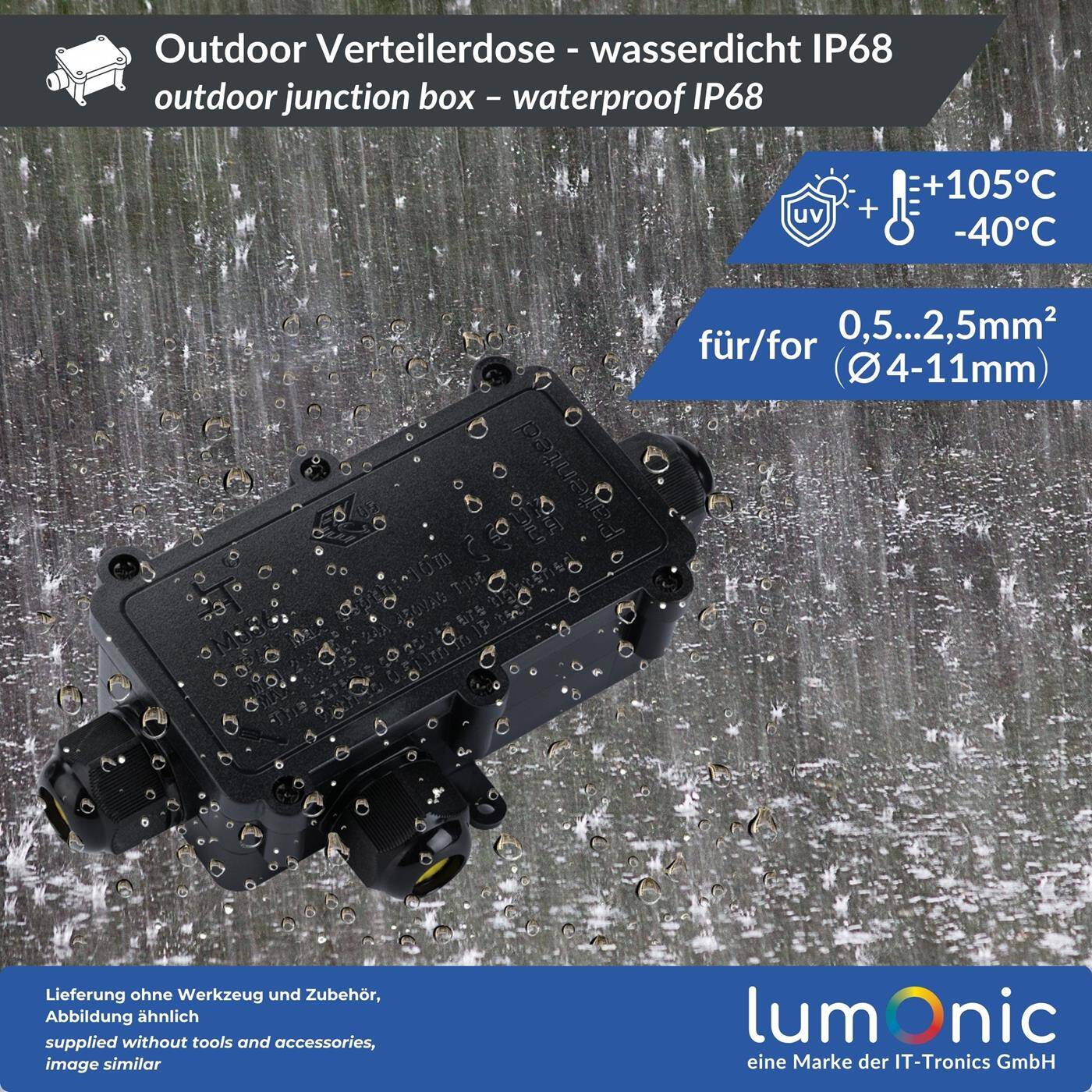 Lumonic 3-Wege L Abzweigdose wasserdicht IP68 | schnelle, sichere Kabelverteilung | für Kabel 0,5-2,5mm² | UV-Beständig, -40°C bis+ 105°C | Verteilerdose für Outdoor, Garten, Erdkabel