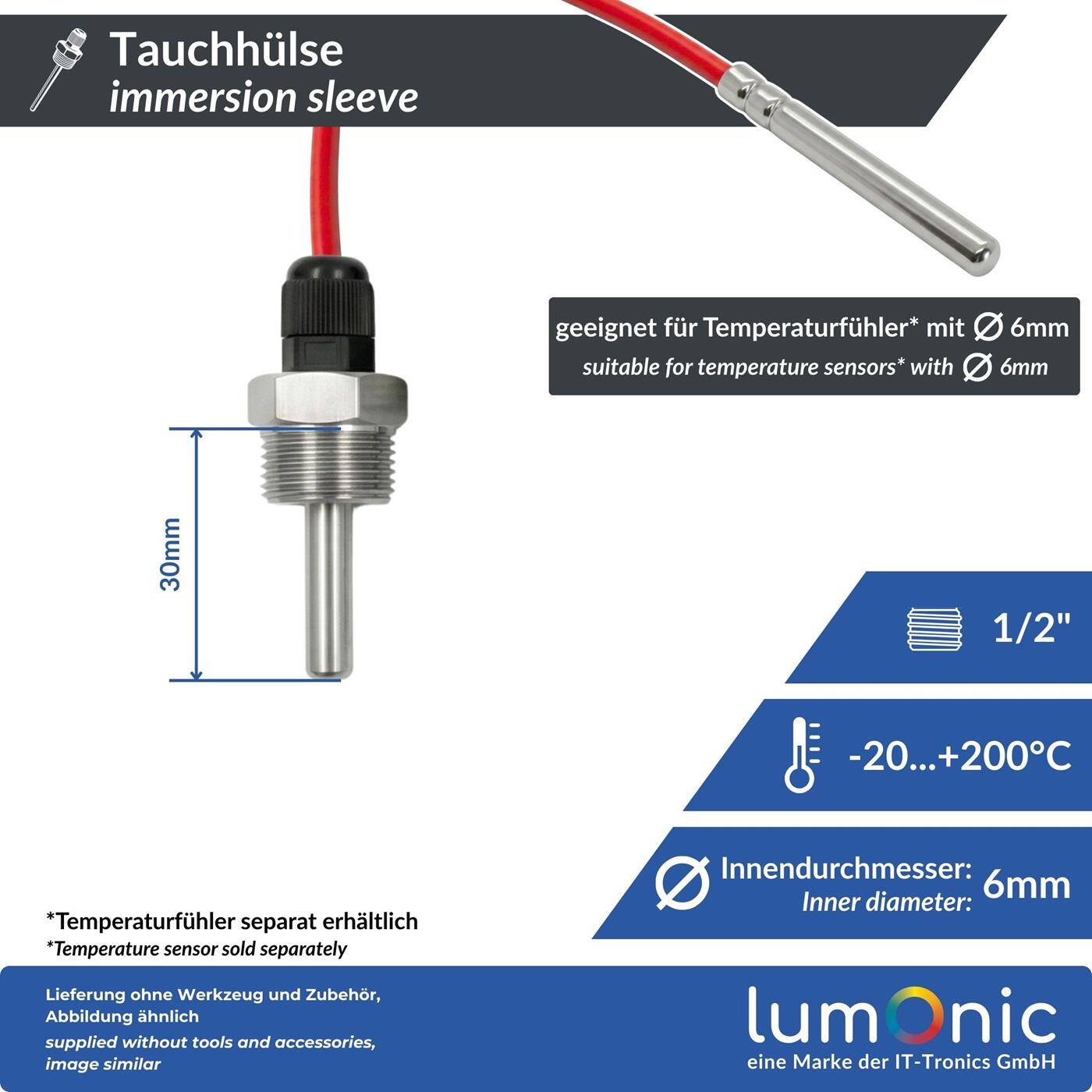 Immersion sleeve V2A stainless steel 1/2 inch 30mm for 6mm temperature sensor for solar heating buffer tank + Smart Home