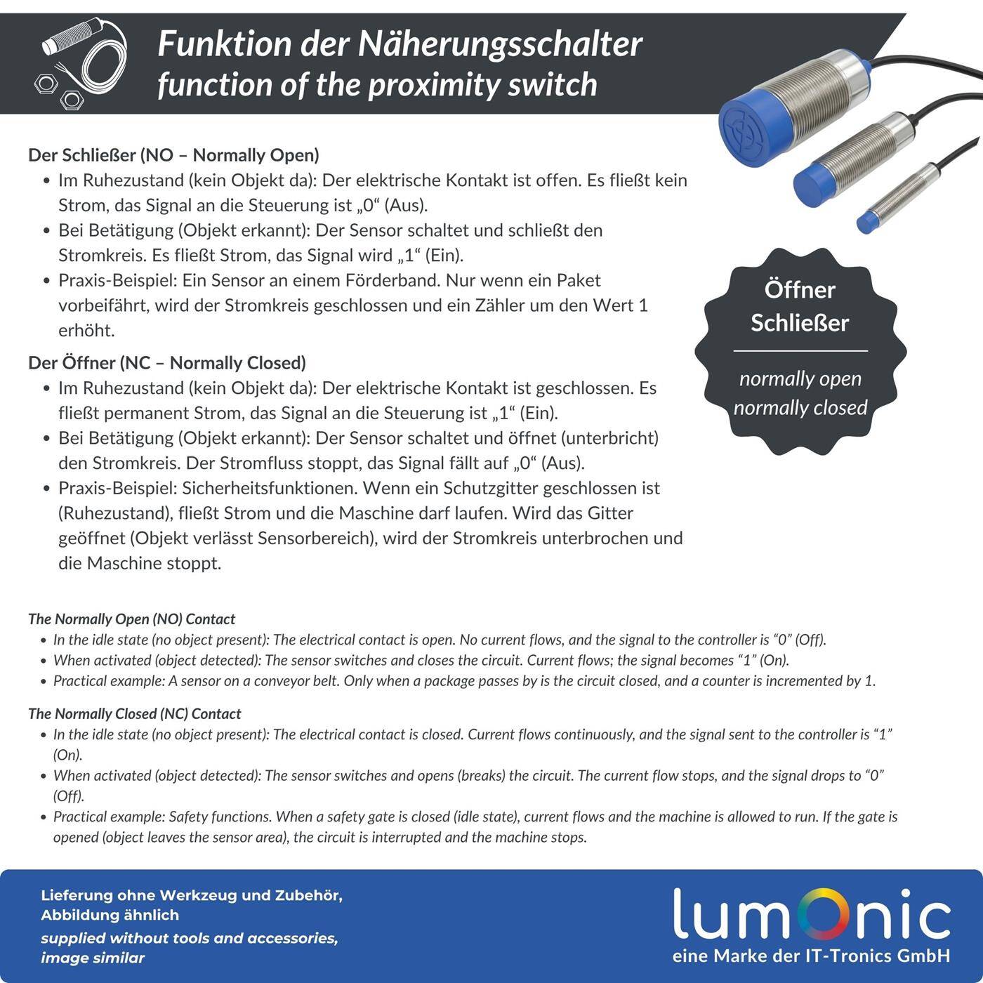 Lumonic Näherungsschalter  | M30 ?30mm | 6…36V DC | Öffner, NPN, IP67 | Erfassungsbereich < 15mm | Näherungssensor aus Messing, vernickelt | Endschalter mit offenem Kabelende