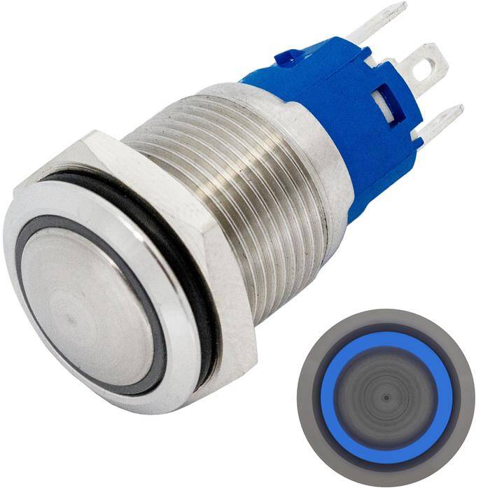 Edelstahl Druckschalter gewölbt Ø16mm Ring LED Blau IP65 2,8x0,5mm Pins 250V 3A Vandalismussicher