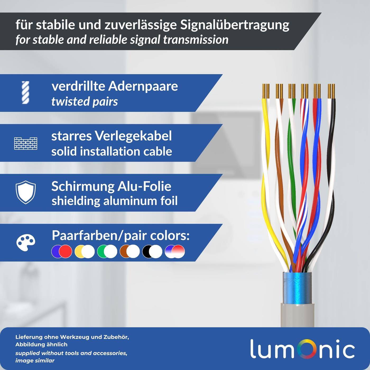 Lumonic Telephone cable JYSTY grey | 6x2x0,6mm CCA | 100m | color-coded & shielded | Meter marking | Telecommunication cable, Telephone connection cable