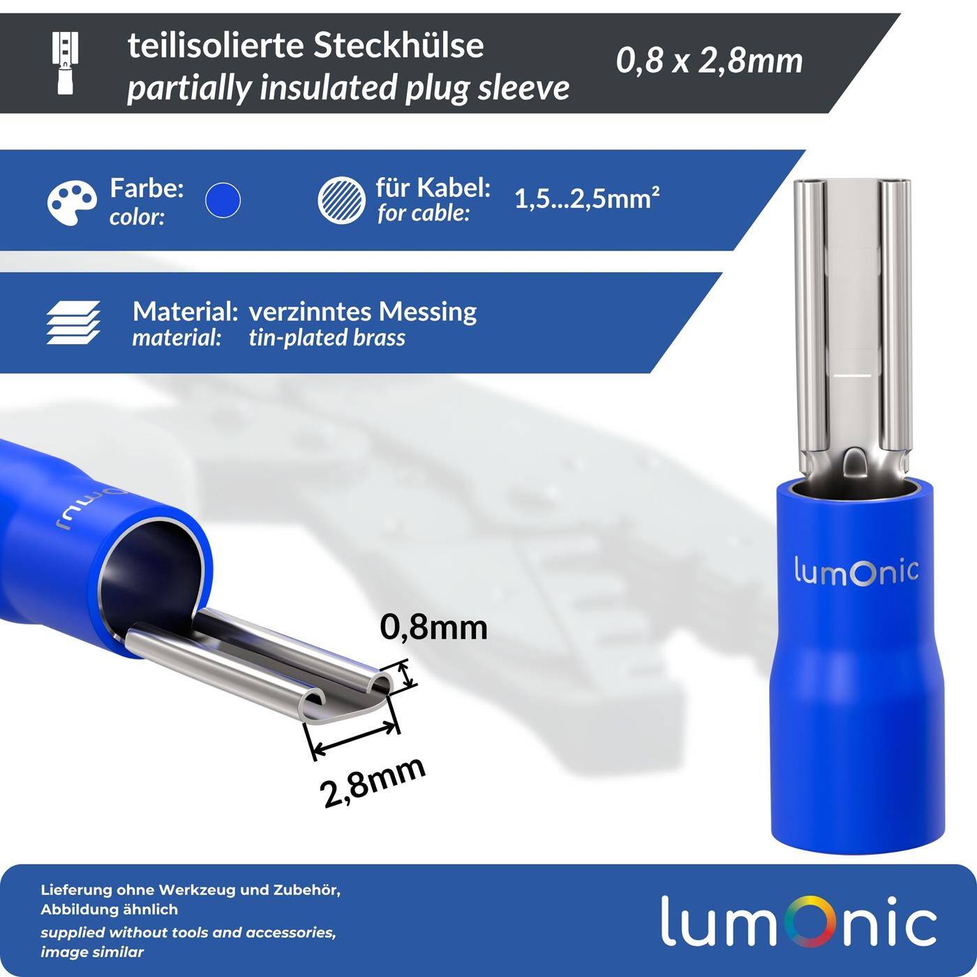 25x Flat receptacle partially insulated 1,5-2,5mm² Plug-in dimension 0,8x2,8mm Blue for flat plug Brass tinned