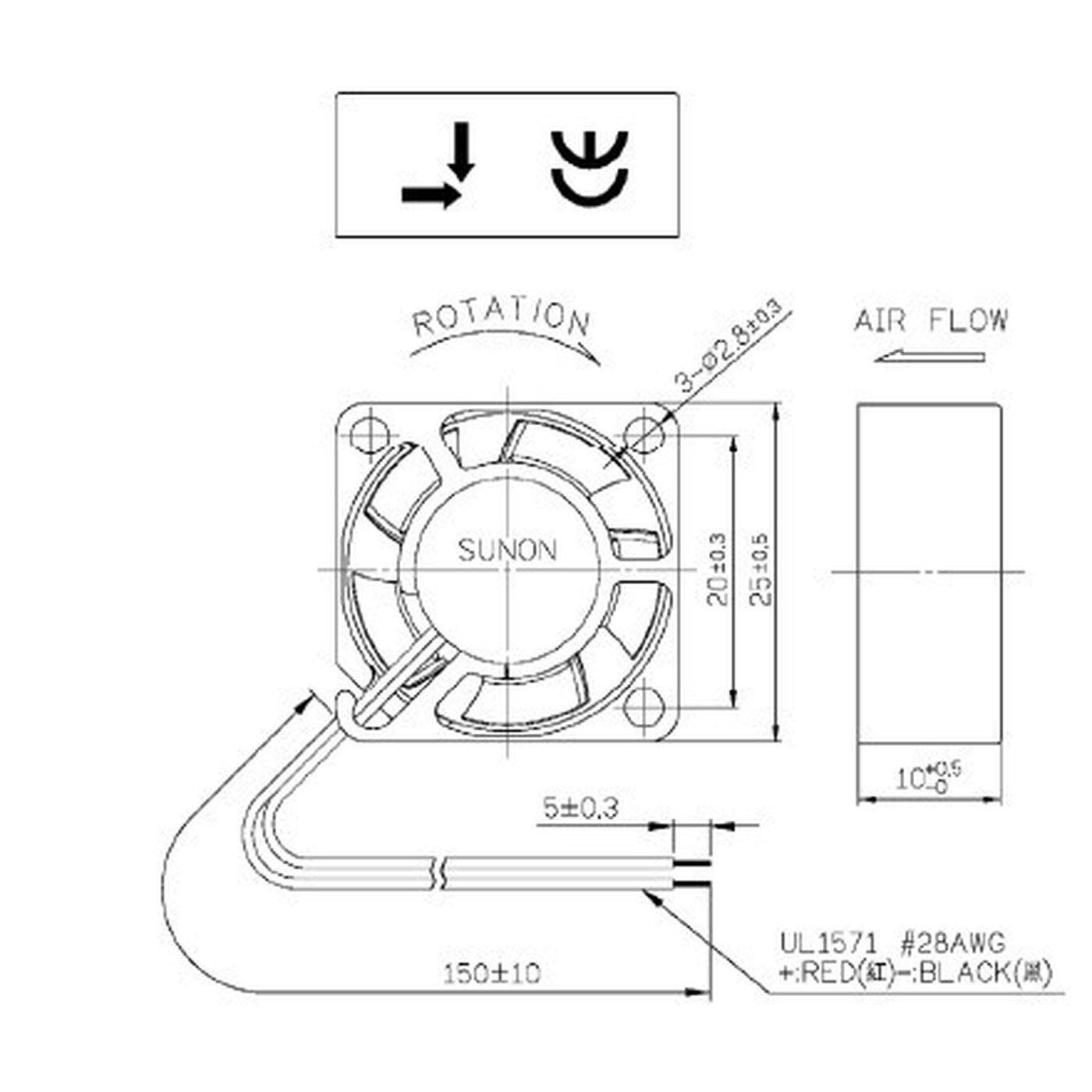 Lüfter 5V DC 0,53W 25x25x10mm 5,9m³/h 13000U/Min 5,9m³/h Sunon MF25100V11000UA99 Lüfter 5V DC 0,53W 25x25x10mm 5,9m³/h 13000U/Min 5,9m³/h Sunon MF25100V11000UA99