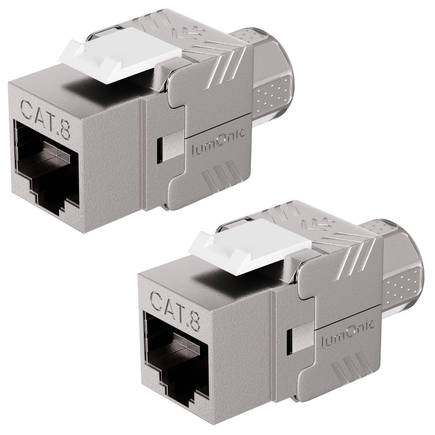 2er Set Premium Keystone RJ45 CAT8.1, einfache, werkzeuglose Montage, T568A/B farbcodiert, für Wanddose + Patchpanel, PoE, bis 40Gbit/s, 360° Schirmung, Zugentlastung durch Überwurfmutter, Metallgehäuse, Jack Modul