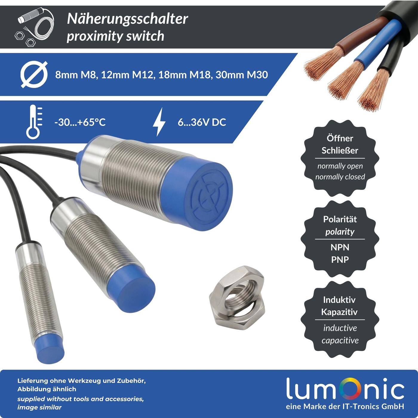 Lumonic Näherungsschalter  | M8 ?8mm | 6…36V DC | Öffner, NPN, IP67 | Erfassungsbereich < 2mm | Näherungssensor aus Messing, vernickelt | Endschalter mit offenem Kabelende
