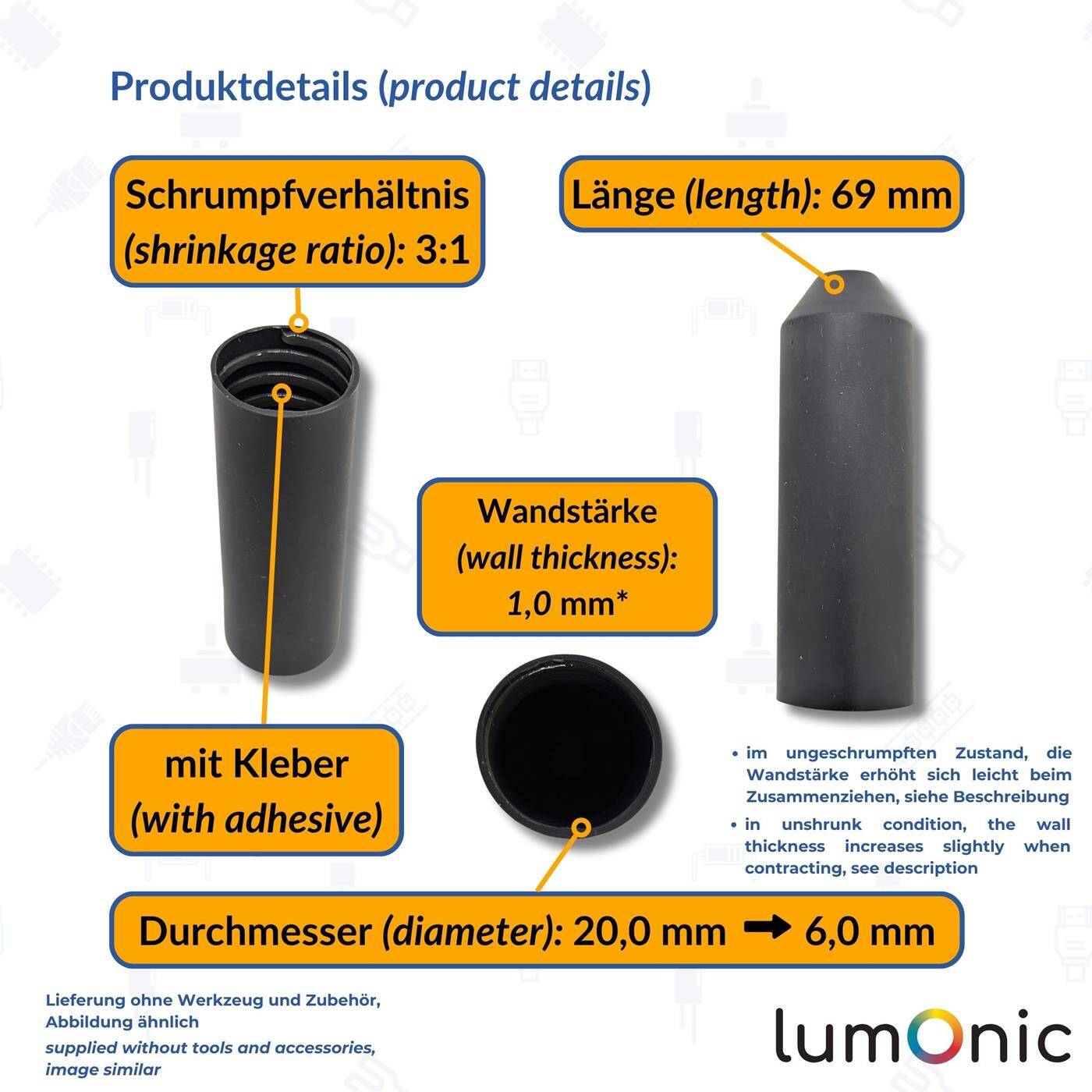 Warmschrumpf Endkappe mit Kleber 20 -> 6mm schwarz Verhältnis 3:1 vernetztes Polyolefin Schrumpfkappe für Kabel, Rohre und Seile