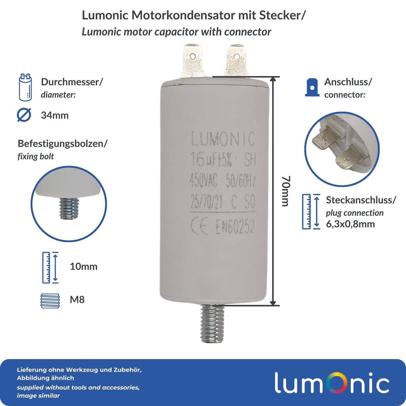 Lumonic Anlaufkondensator 16µF 450V | mit Stecker I 34x70mm I 16uF I Motorkondensator mit Kunststoffgehäuse I Betriebskondensator I für Pumpen, Rasenmäher, Werkzeuge
