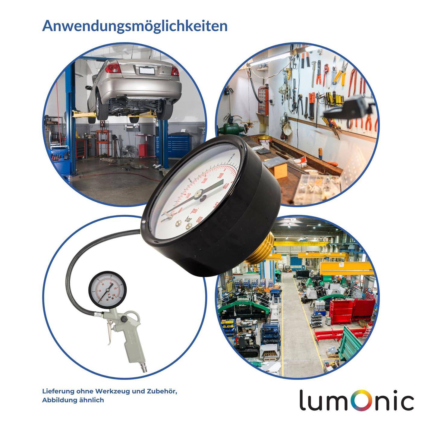 Lumonic I Pressure gauge 0-16bar I 1/2 Customs I Class 2.5 I Rear connection I Diameter 60mm I Pressure gauge I for compressed air and water