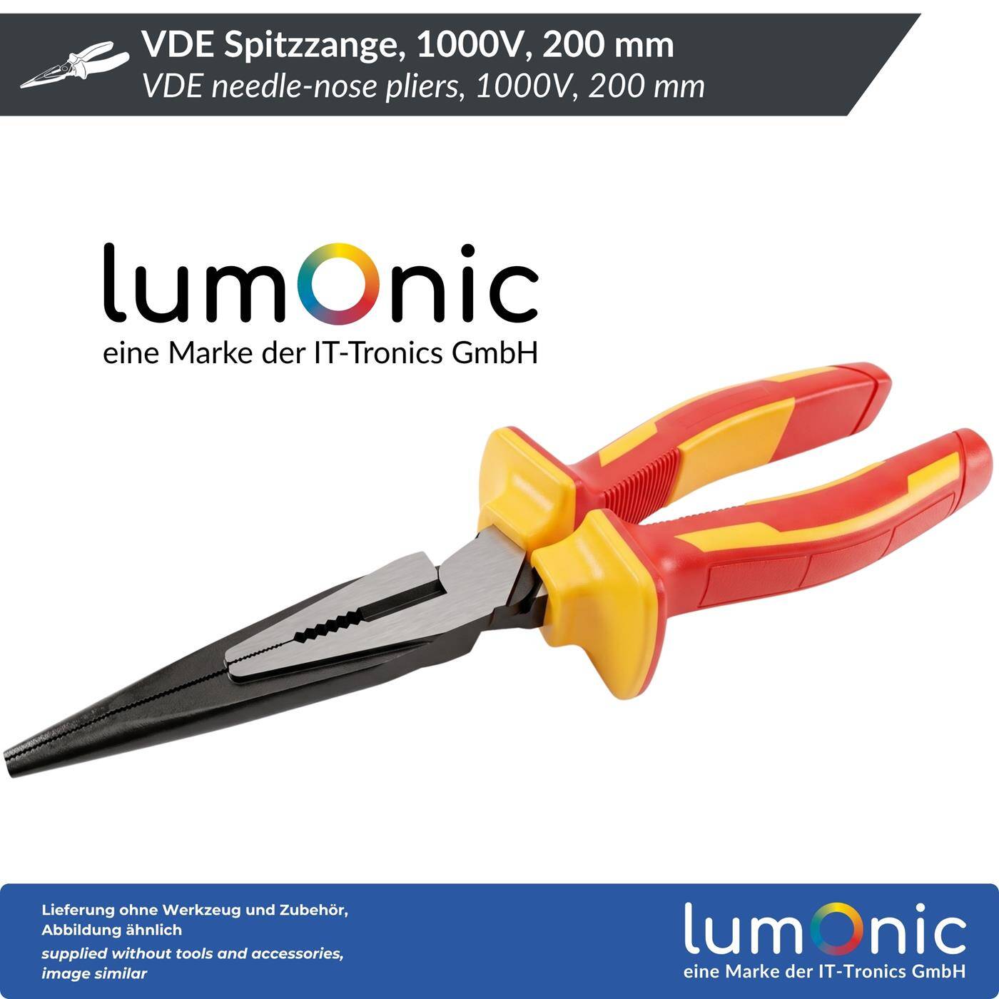 Lumonic VDE Needle-Nose Pliers, 1000 V Heavy-Duty, 200 mm - Extended serrated jaws, 60CrV steel, two-component handle, for control cabinets and junction boxes