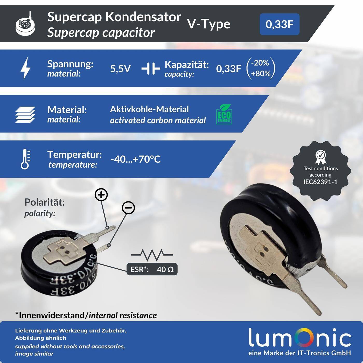 Lumonic Supercap 0,33F 5,5V V-Type | EDLC for direct use, high capacity | 5.5V monoblock - no balancing necessary | Flicker protection, backup, PLC, heating