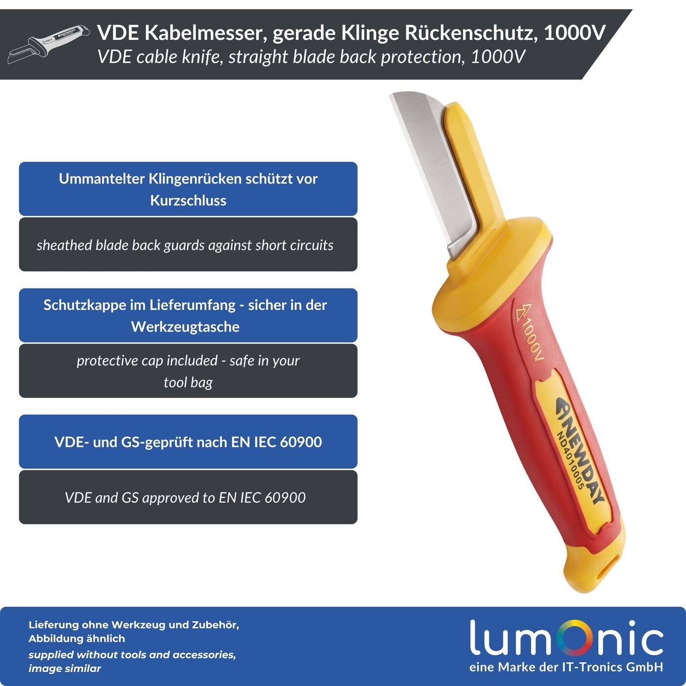 Lumonic VDE Cable Cutter 1000V, Straight Blade with Back Guard—Plastic-Coated Blade Back, 5Cr13 Blade Steel, Protective Cap Included