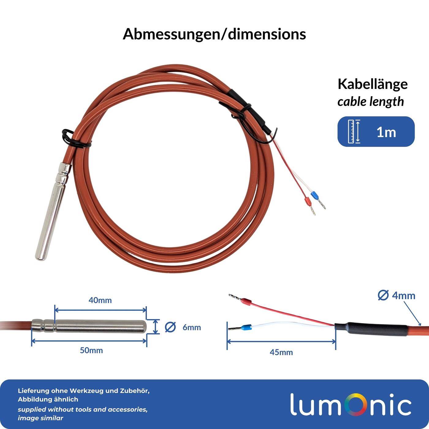 Lumonic Temperaturfühler PT1000 mit Silikonkabel 1m I -50...200°C I 6mm I 2-Leiter-Anschluss I IP65 I Temperatursensor Fühler I für Heizung, Wärmepumpe, Fotovoltaik, Automation