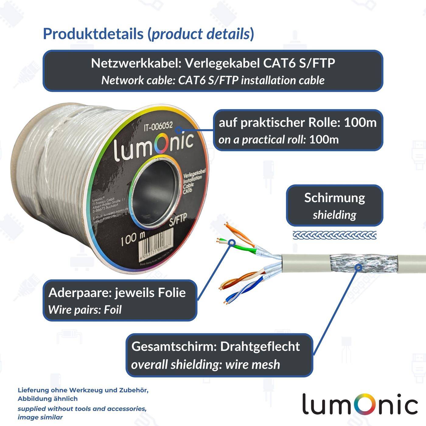 100m Netzwerkkabel Verlegekabel CAT6 S/FTP PIMF Ethernet Kabel LAN Kabel CAT.6
