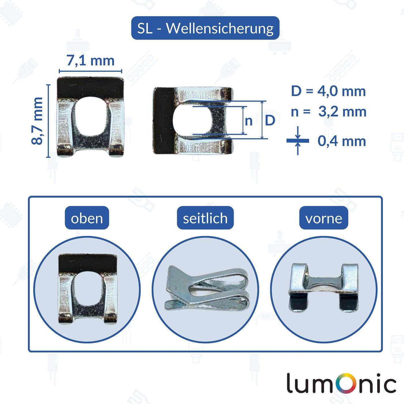 Lumonic I SL-Sicherung I 10 Stück I für Durchmesser 4mm mit 3,2mm Nut I verzinkter Federstahl I für Wellen und Bolzen I Wellensicherung I einfache, werkzeuglose Montage