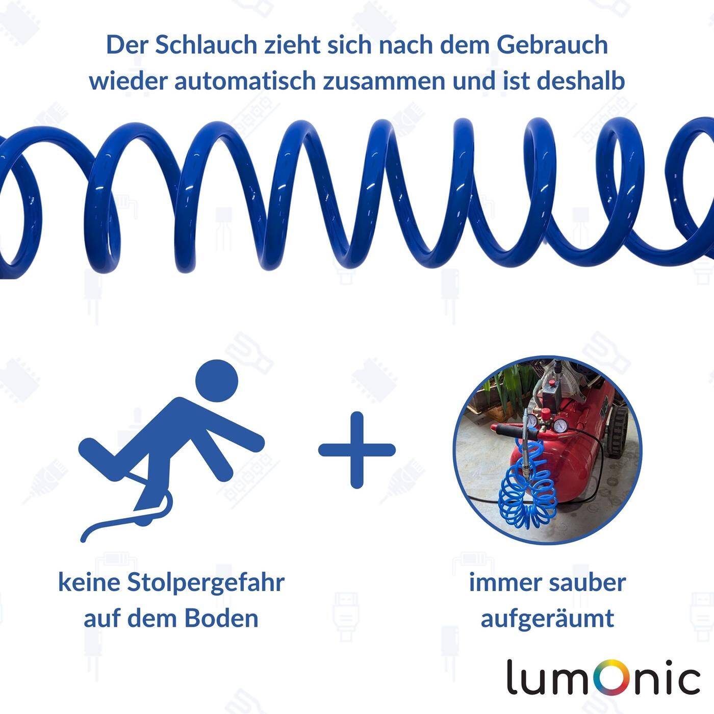 PU Spiralschlauch mit Schnellkupplung 6,5mm/10mm 5m für Kompressoren und Druckluftwerkzeuge flexibel, abriebfest Druckluftverlängerung Dose & Stecker