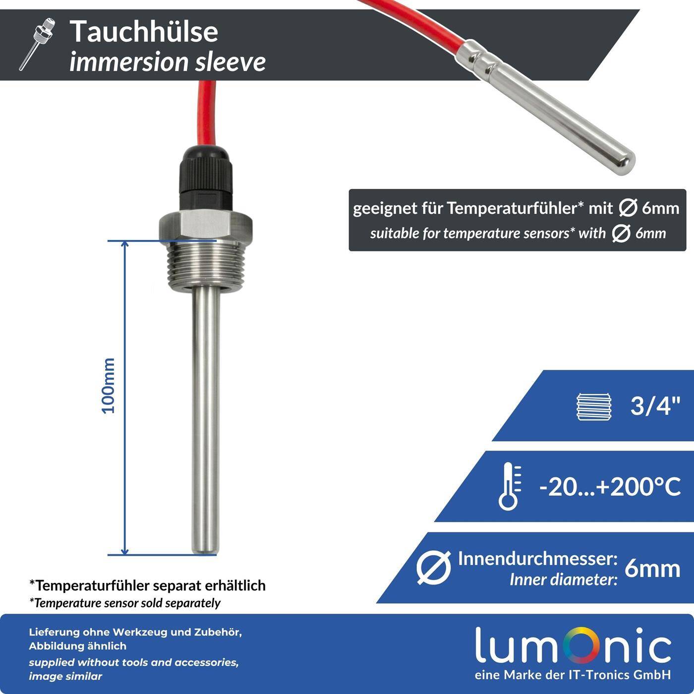 Lumonic Immersion sleeve V2A stainless steel 3/4 inch | 100mm Installation length | Perfect fit for 6mm temperature sensors | for buffer storage, heating, solar + smart home