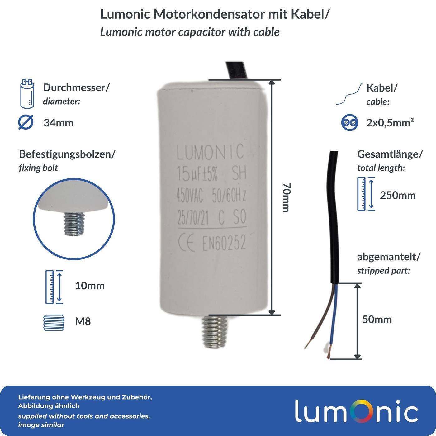 Lumonic Anlaufkondensator 15µF 450V | mit Kabel I 34x70mm I 15uF I Motorkondensator mit Kunststoffgehäuse I Betriebskondensator I für Pumpen, Rasenmäher, Werkzeuge