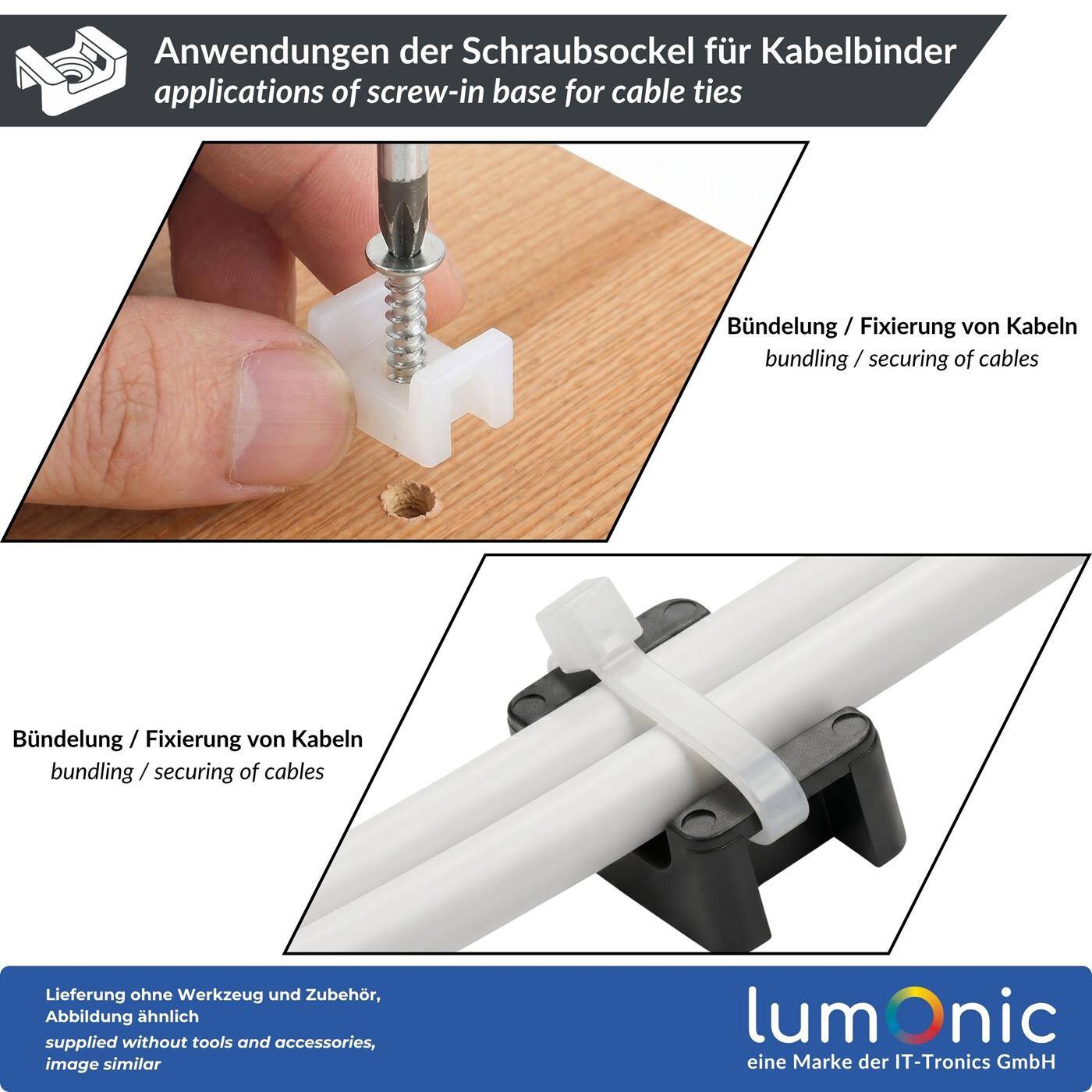 Lumonic 50 pieces Screw base for cable ties 40x16mm | White | -40°C…+85°C | PA6.6 polyamide | Resistant | Screw-on cable holder for electrical installation