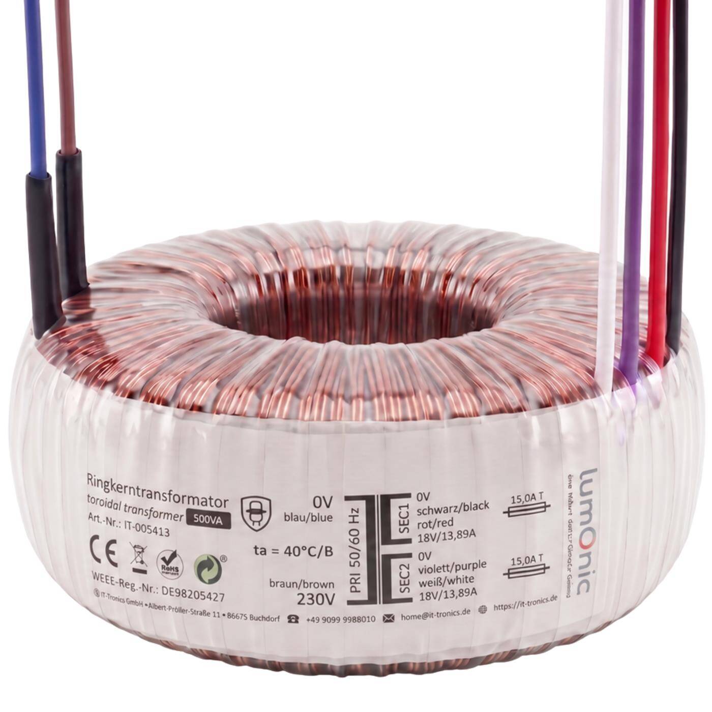 Lumonic Ringkerntrafo Transformator 500VA | Primär 230V AC | Sekundär 2x 18V AC oder 1x 36V AC | Brummarm | Transformator für HiFi Audio Verstärker