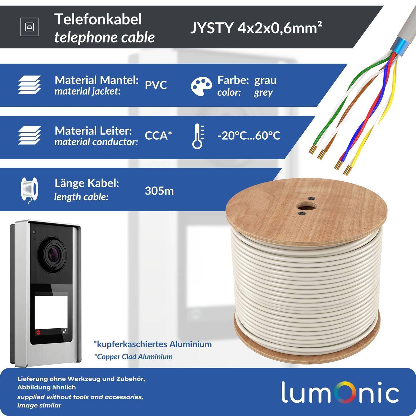 Lumonic Telefonkabel JYSTY grau auf Holzrolle | 4x2x0,6mm CCA | 305m | farbcodiert & geschirmt | Metermarkierung | Fernmeldekabel, Telefonanschlusskabel