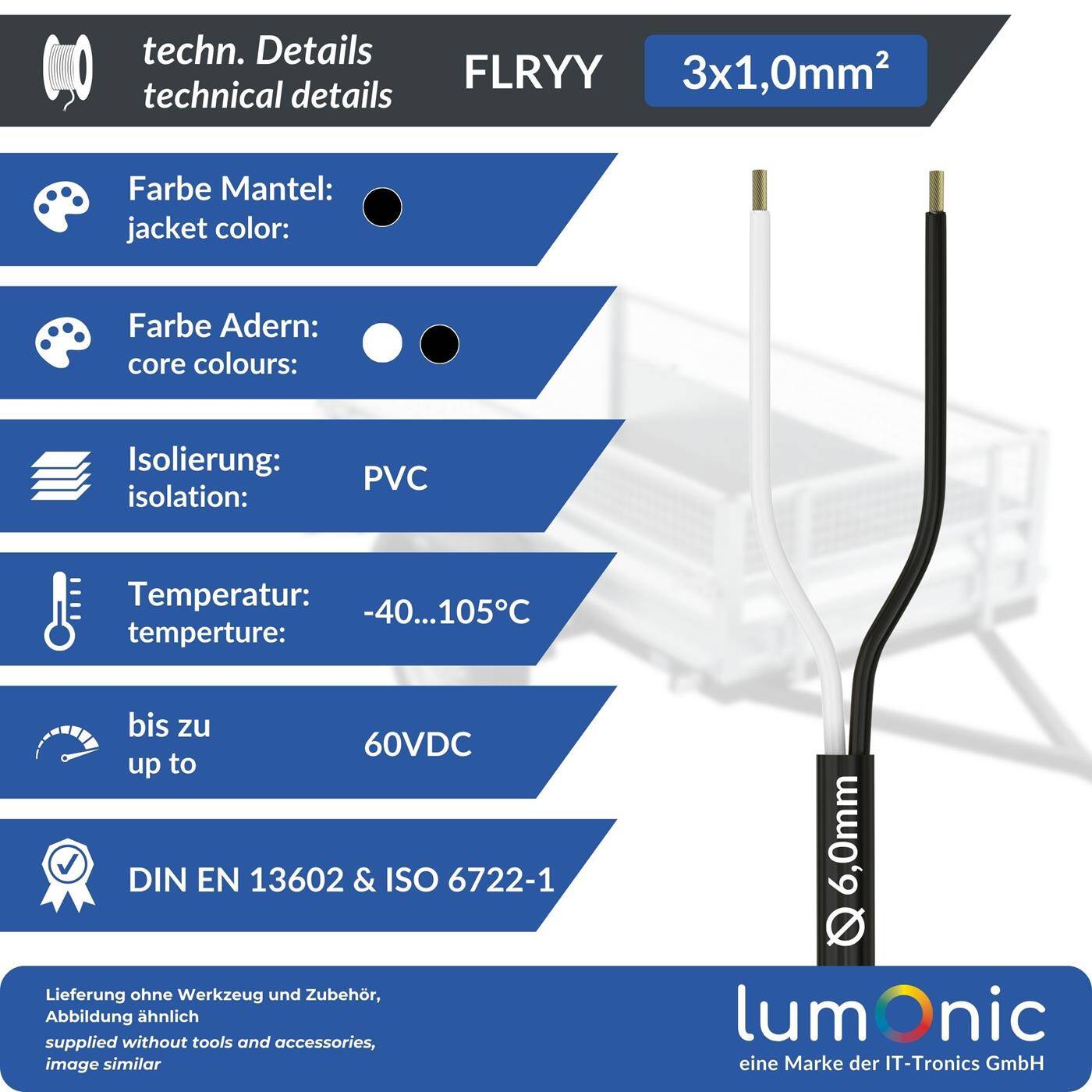 1m FLRYY Vehicle cable 2x1mm² round Cable CAR Trailer cable Low voltage
