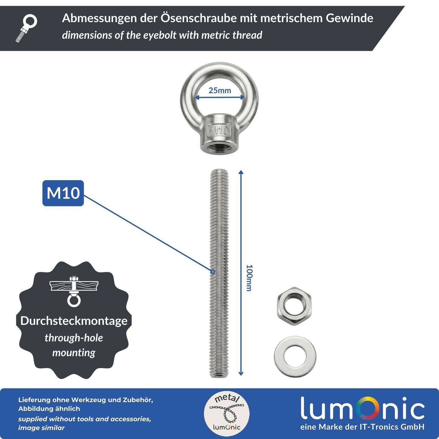 Eye bolt V2A stainless steel M10x100mm  Push-through mounting Eyebolt for awning hammock swing + chains incl. nut + washer