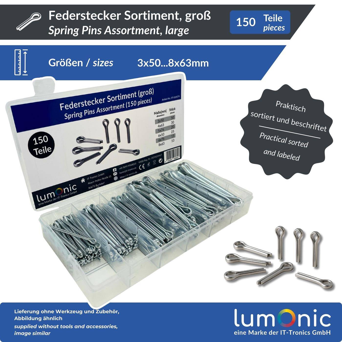 Lumonic Federstecker Sortiment | 1000 Teile, 6 Größen (1,6-6mm) | Splinte Federstahl verzinkt | für Gartengeräte Fahrrad Modellbau | in praktischer Sortimentsbox
