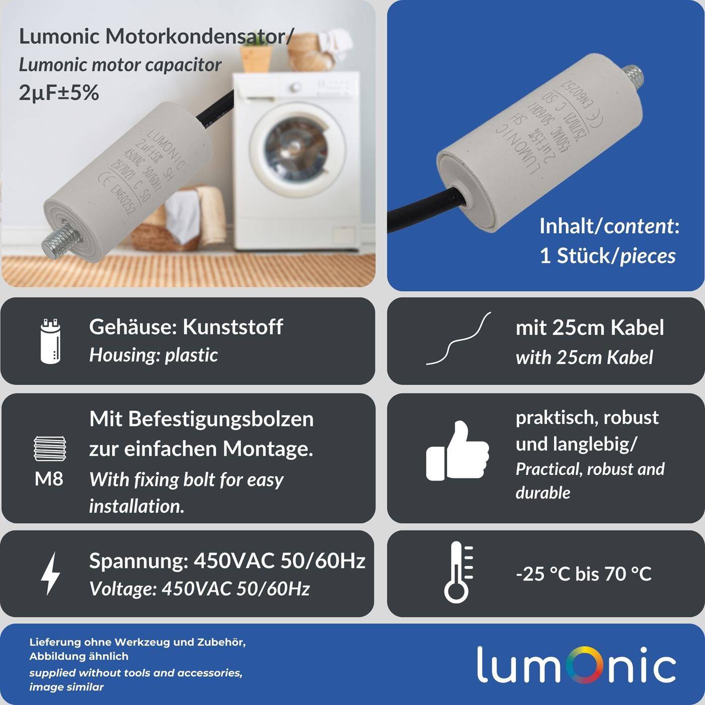 Lumonic Anlaufkondensator 2µF 450V | mit Kabel I 26x55mm I 2uF I Motorkondensator mit Kunststoffgehäuse I Betriebskondensator I für Pumpen, Rasenmäher, Werkzeuge