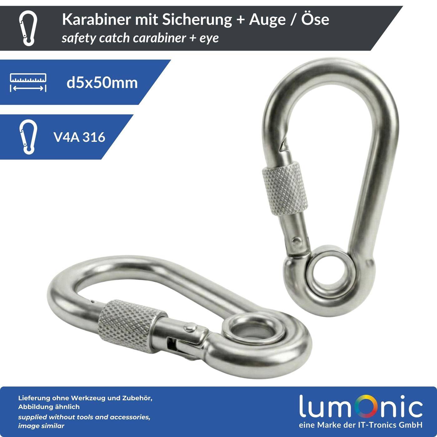 Lumonic Carabiner with safety catch + eye V4A stainless steel | 5x50mm | Stainless + seawater resistant | Prevents twisting + no accidental opening | for awnings, hammocks, dogs, camping
