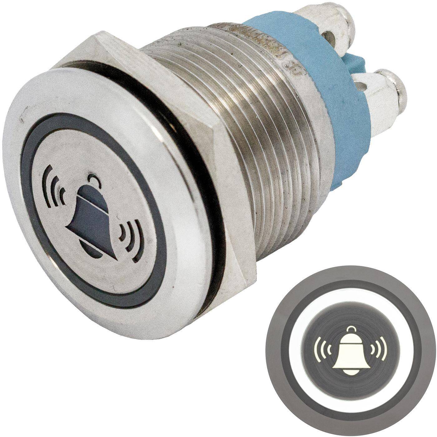 Edelstahl Drucktaster Flach Ø19mm Glocke LED Kalt Weiß IP65 Schraubanschluss 250V 3A Vandalismussicher