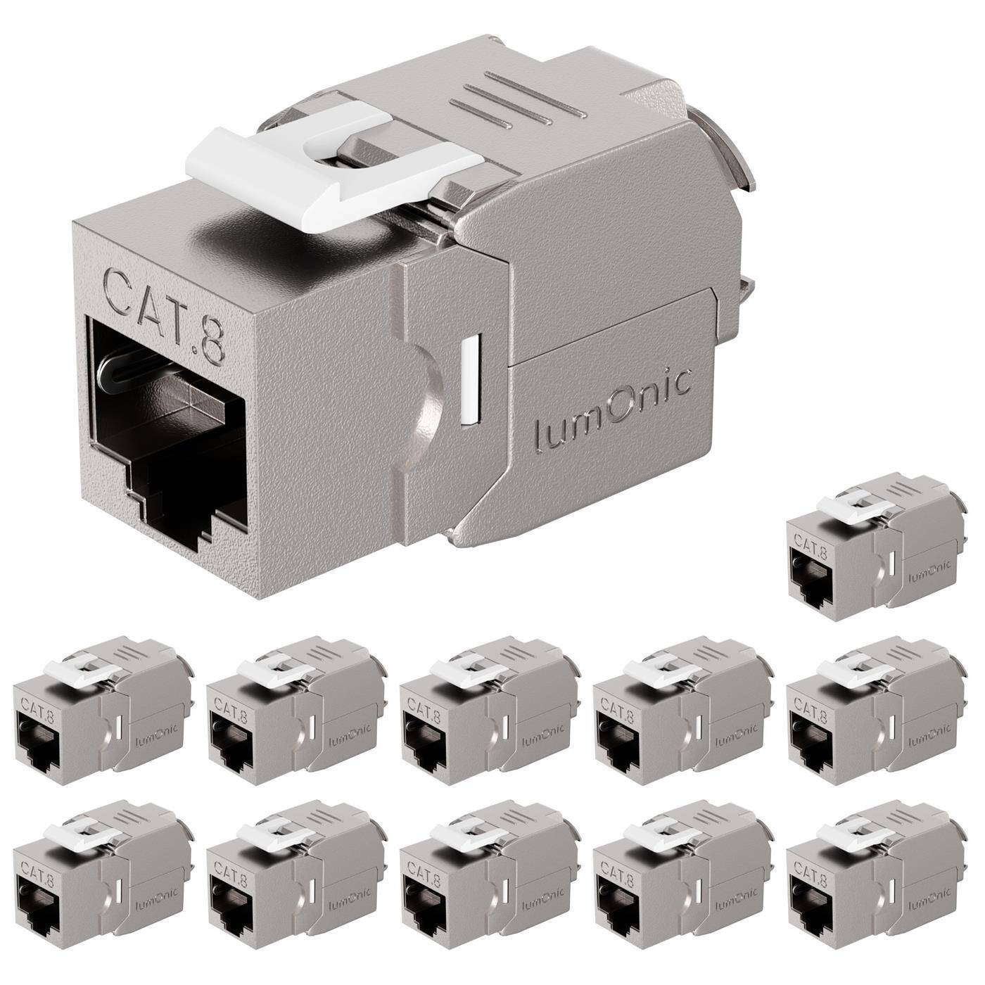 12er Set Keystone RJ45 CAT8.1, einfache, werkzeuglose Montage, T568A/B farbcodiert, für Wanddose + Patchpanel, PoE, bis 40Gbit/s, 360° Schirmung, Zugentlastung mit Kabelbinder, Metallgehäuse, Jack Modul